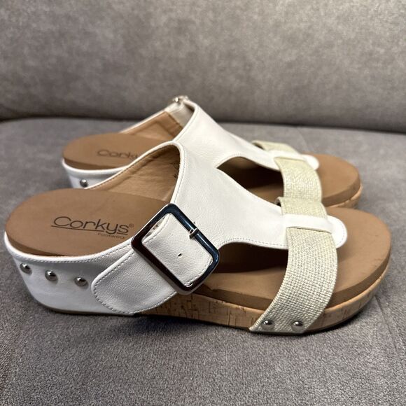New Corkys Top Secret Wedge Sandals Size 7 White Slip On Adjustable Buckle - Picture 1 of 11